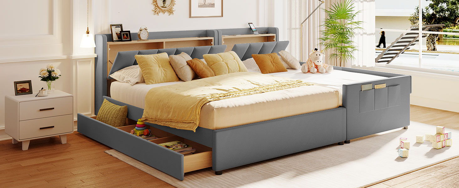 Upholstered Mother & Child Bed With Hydraulic Storage System, Drawer Box, Bedhead Storage Shelf And 2 Pairs Of Sockets & USB Ports