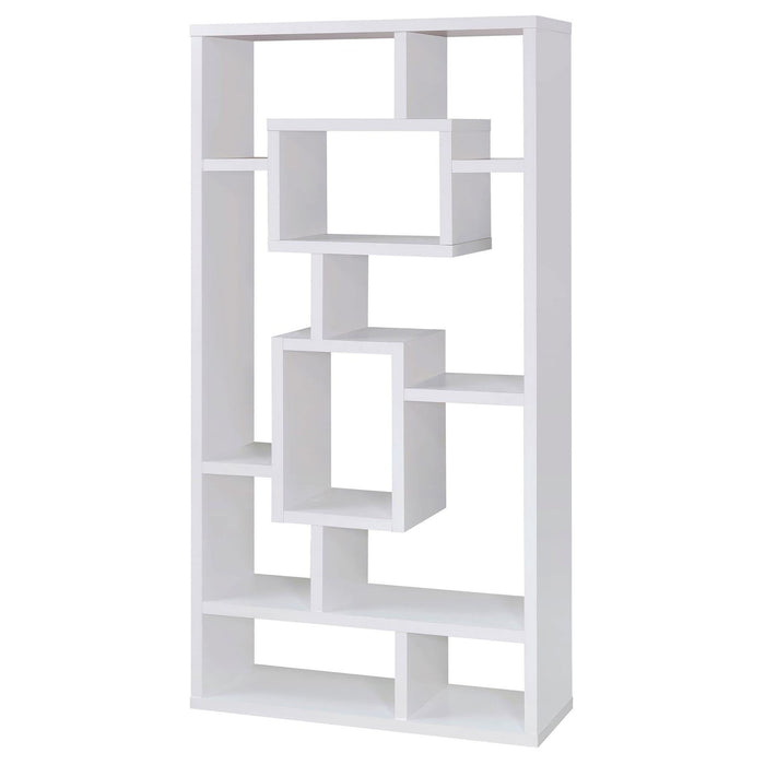 Geometric 10 Shelf Open Back Bookcase With Interlocking Shelves - White