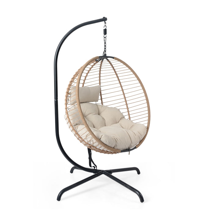 Sora - Outdoor Patio Wicker Hanging Chair With Stand - Beige / Brown