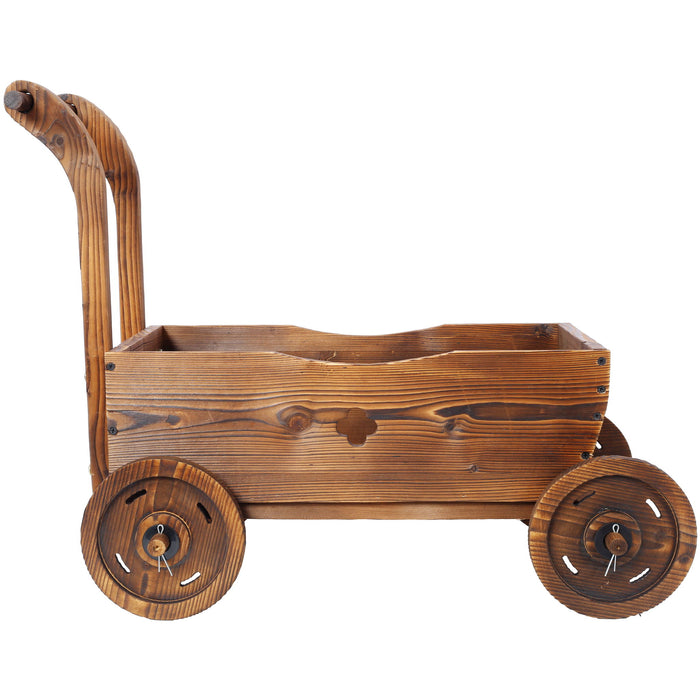 Wooden Wagon Planter Box Mobile Garden Planter With Wheels Handle Drain Hole Wood - Brown