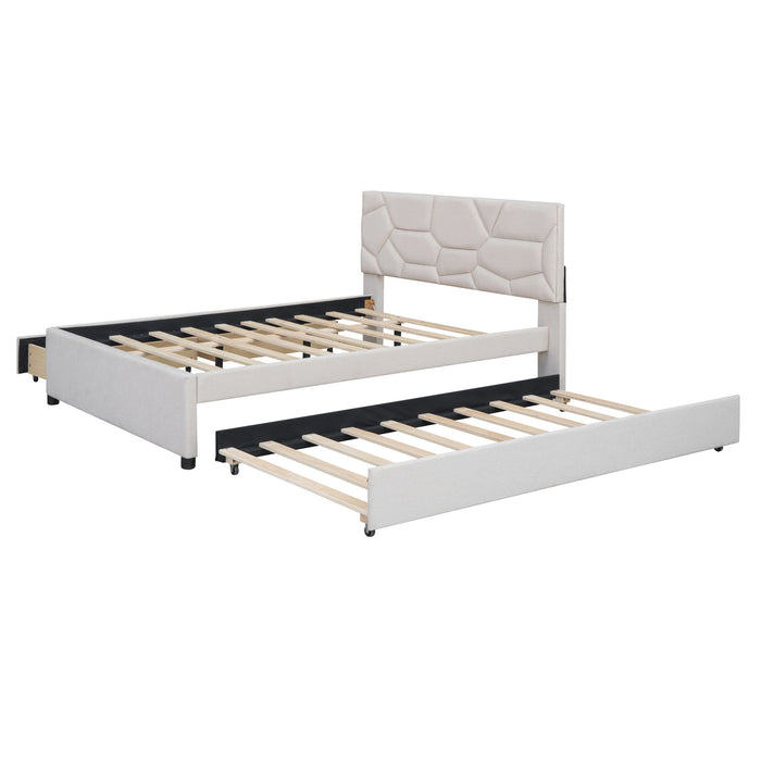 Upholstered Platform Bed With Brick Pattern Headboard And Twin Long Size Trundle