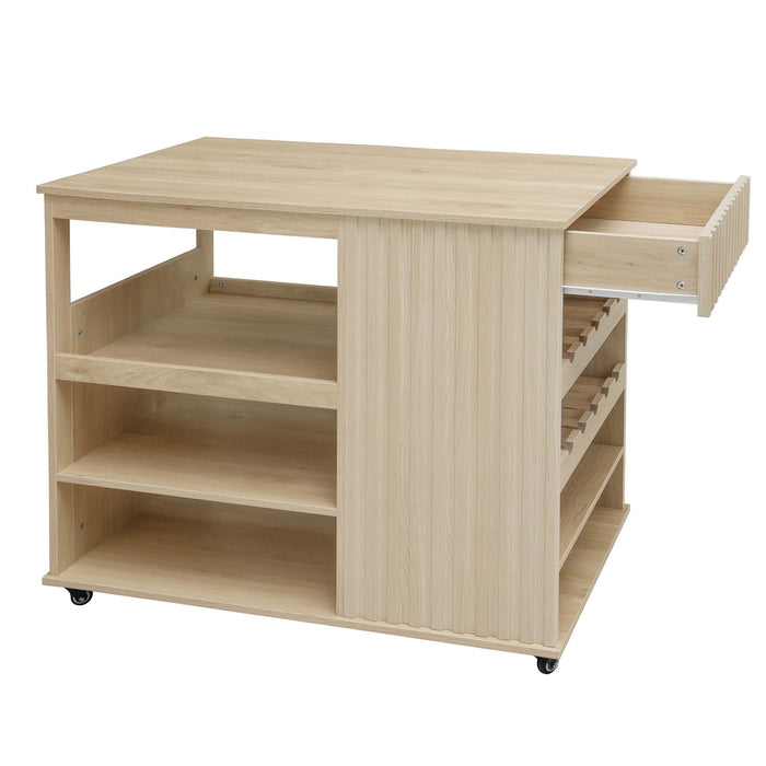 Kitchen Island Cart, Rolling Serving Utility Trolley Cart Modern Kitchen Island With Storage Drawer Wine Rack Lockable Casters, Kitchen Cart For Kitchen, Dining Room, Bar Living Room - Natural
