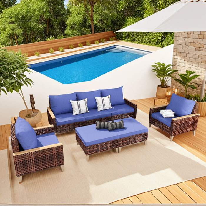 7 Pieces Patio, Wicker Dining Set With Removable Cushions Cotton And Rattan - Blue