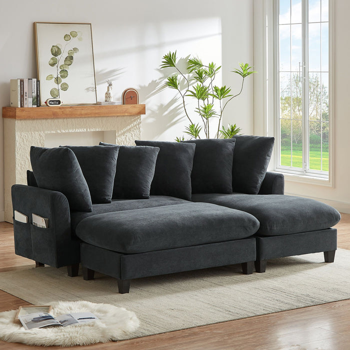 Upholstered L Shaped Sectional Sofa With Storage, Movable Ottoman, And 6 Throw Pillows