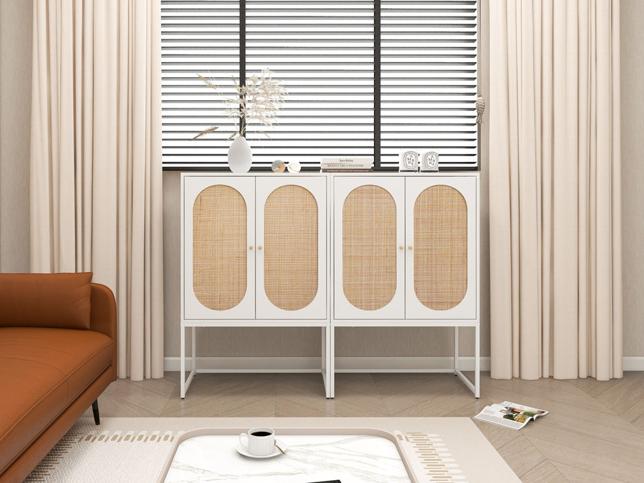 Set of 2, Natural Rattan 2 Door High Cabinet, Built-In Adjustable Shelf, Easy Assembly, Free Standing Cabinet For Living Room Bedroom