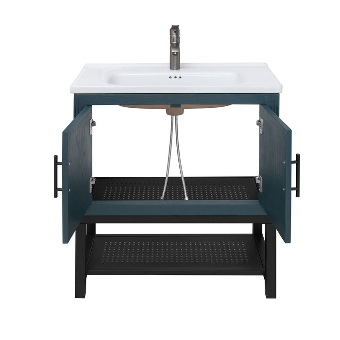 Modern Freestanding Bathroom Vanity With Ceramic Sink, Hot And Cold Faucet, Storage Cabinet & Open Shelf