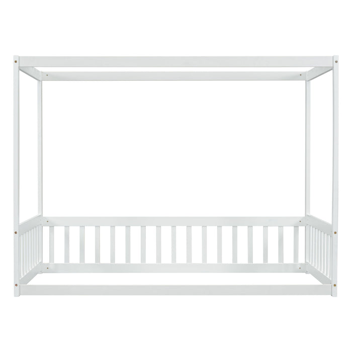 Canopy Frame Floor Bed With Fence, Guardrails
