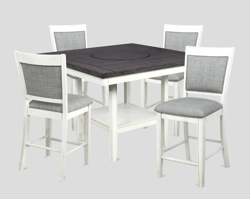 5 Pieces Dining Set Contemporary Farmhouse Style Counter Height 20" Lazy Susan Chalk Gray Finish Fabric Upholstered Chairs Wooden Wood Veneers Solid Wood Dining Room Furniture