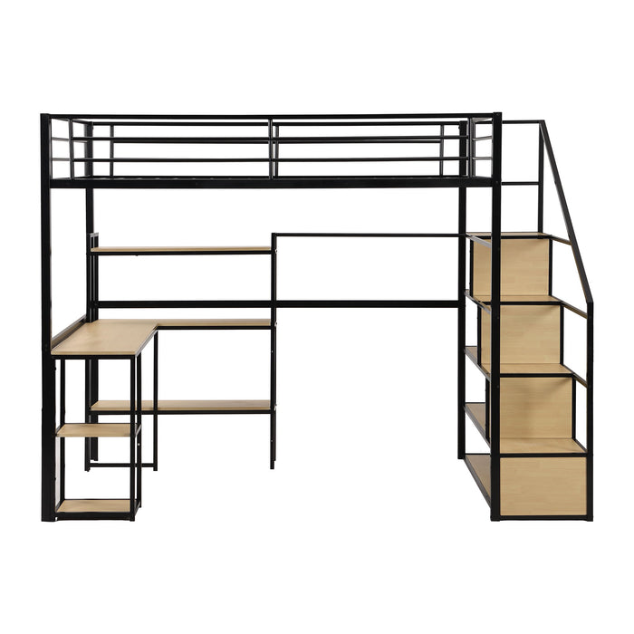 Full Size Loft Bed With Staircase, Built In Desk And Shelves And Sleeping Surface - Black