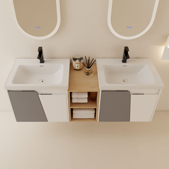 60" Wall - Mounted Bathroom Vanity With Sink,, And A Small Storage Shelves (Kd - Packing)
