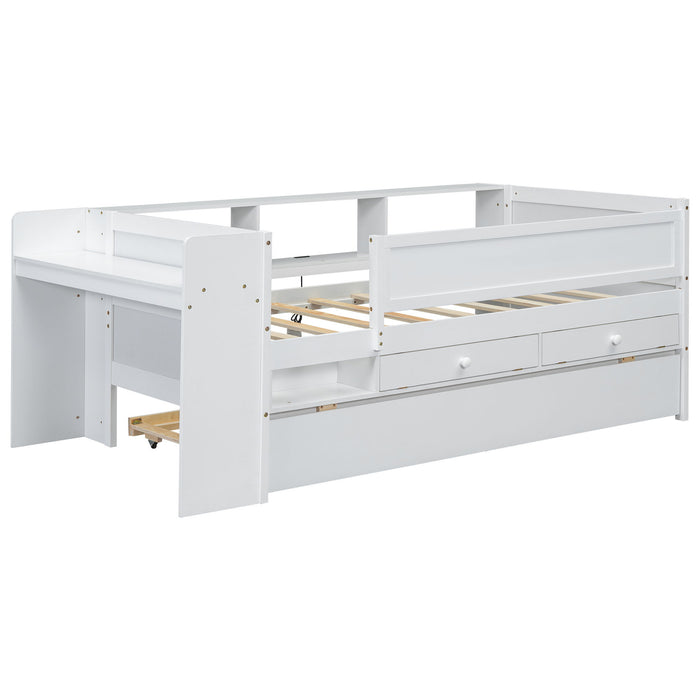 Twin Daybed With Drawers, Trundle, Headboard Storage, Study Desk, And USB Charging Station - White