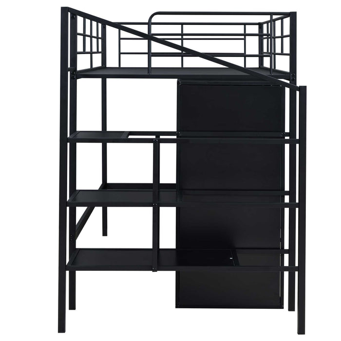 Twin Size Metal Lo Feet Bed With Drawers, Storage Staircase And Small Wardrobe