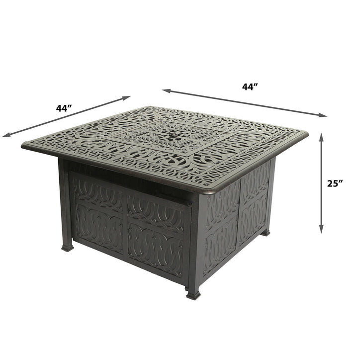Elegant Cast Aluminum Square Fire Table With Fire Glass And Cover - Antique Bronze