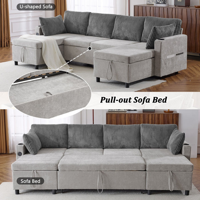 Sectional Sofa Bed With Pull Out Sleeper, USB Ports, Cup Holders