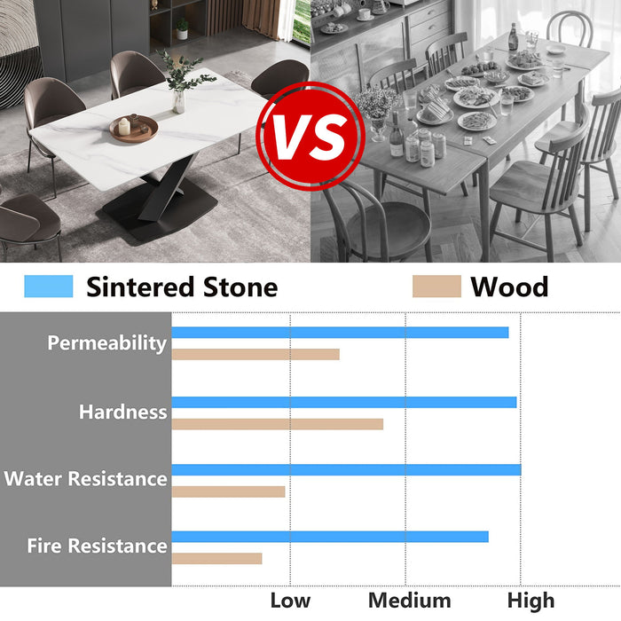 Modern Artificial Stone Straight Edge Metal X Leg Dining Table, 6 People