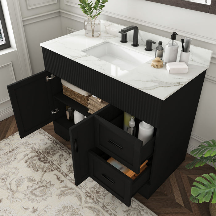 Bathroom Vanity Set, Fluted Cabinet, 3 Faucet Holes, Sink Included - Black