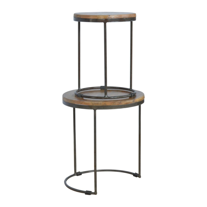 Round Stool Table With Iron Base (Set of 2) - Brown / Black