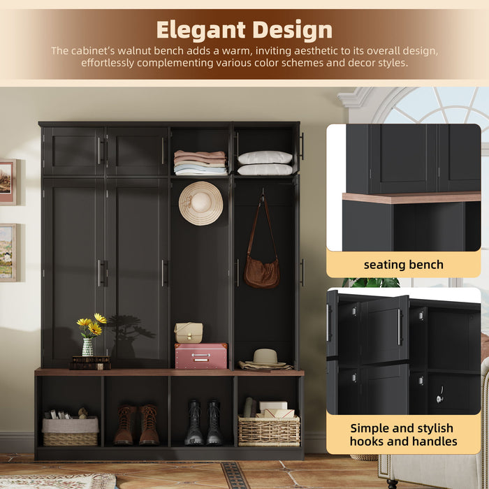 Farmhouse Hall Tree With 4 Hidden Hanging Hooks And 8 Doors