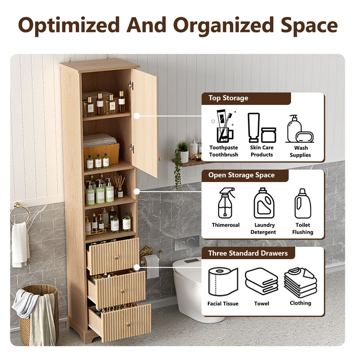 Tall Bathroom Cabinet With 1 Door, 3 Drawers, Open Storage - Wood