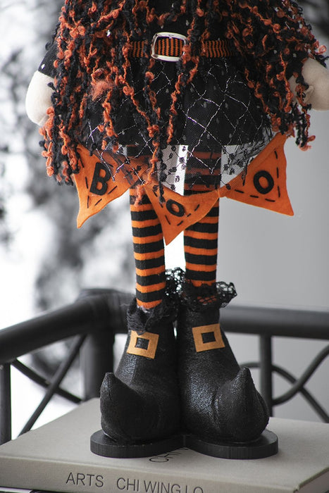 Standing Gnome With Banner & Spring Body, For Halloween Decor - Black / Orange / White