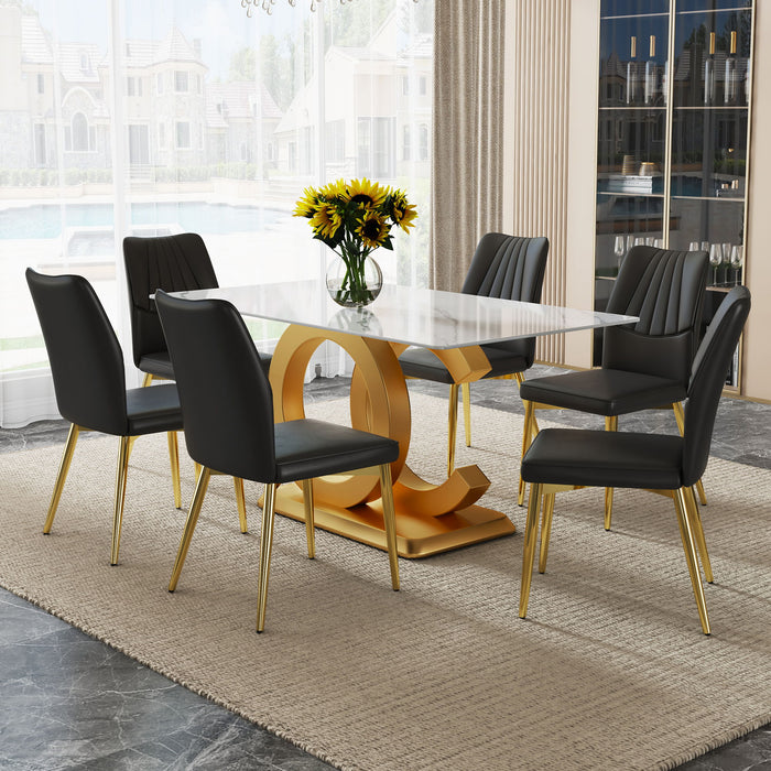 A Modern Minimalist Rectangular Dining Table Suitable For 6 - 8 People, A Set of 6 Piece PU Leather Backrest And Gold Metal Legs Modern Dining Chairs