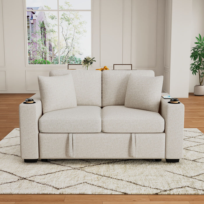 2 Seater Loveseat Sofa With Pull Out Bed, USB Charging, Dual Cup Holders - Beige