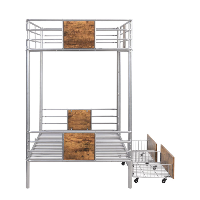 Twin Long Over Twin Long Bunk Bed With Guardrail And 2 Storage Drawers - Silver