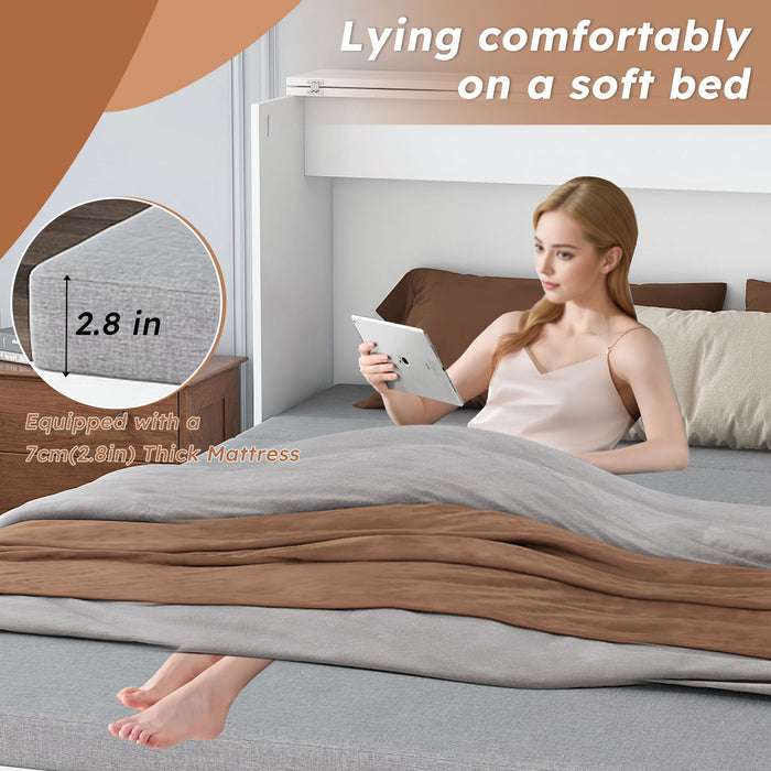 Murphy Bed With Storage Drawers And Charging Cabinet, Foldable Panels, Swivel Wheels