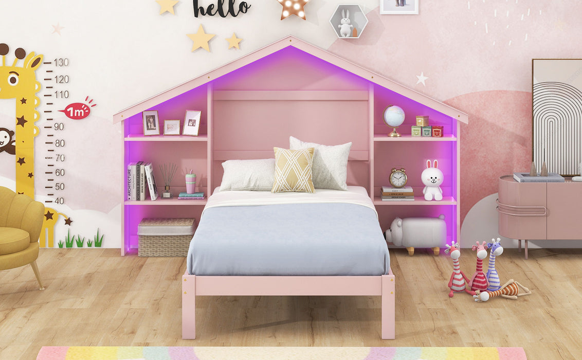 Wood Twin Size Platform Bed With House Shaped Storage Headboard And Built-In LED , Pink