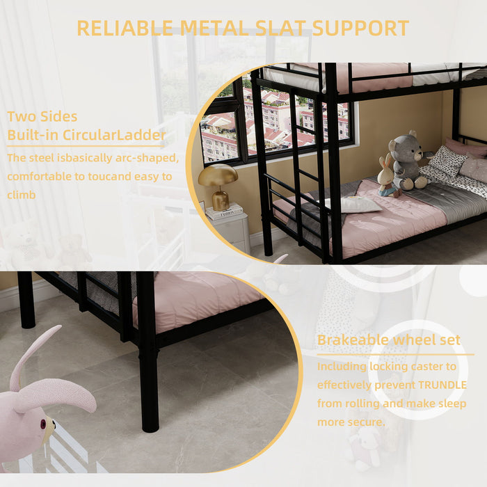 Metal Bunk Bed For Kids, Convertible Bedframe With Ladders & Guardrail