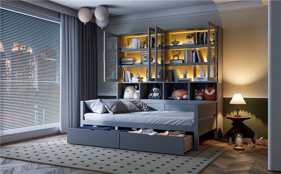 Daybed With Glass Door Storage Cabinets, Built In LED Lighting And Shelves