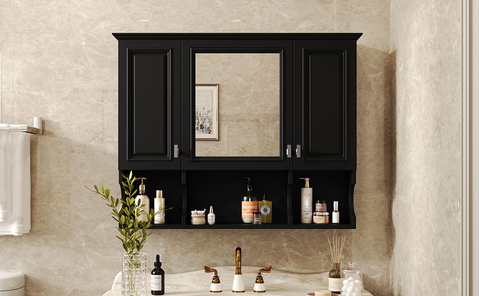 Wall Mounted Bathroom Medicine Wall Cabinet With Mirror & Open Shelves