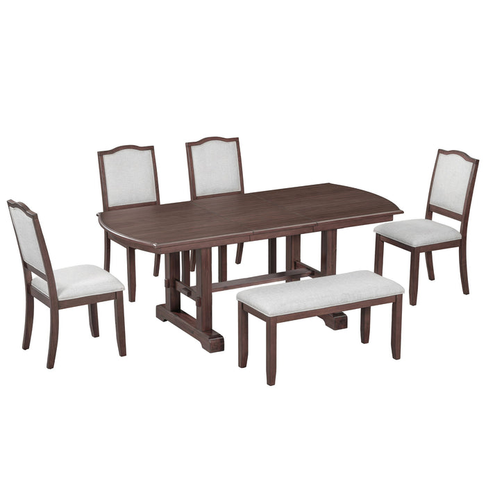 6 Piece Extendable Dining Table Set, Wood Table With Removable Leaf, 4 Upholstered Chairs And Bench - Cherry
