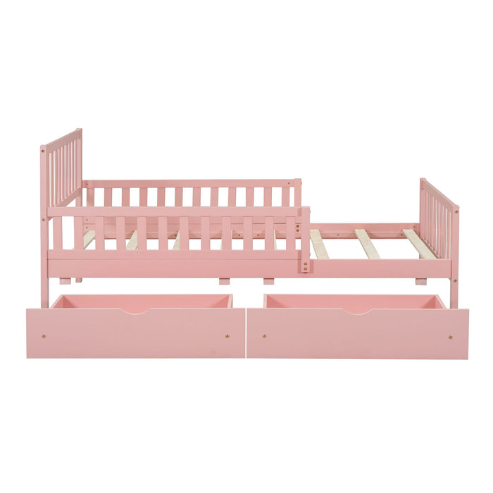Platform Bed With Guardrails On Both Sides And 2 Storage Drawers