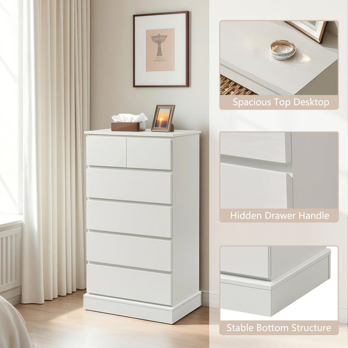 6 Drawer Tall Dresser With Concealed Handles, Vertical Storage Cabinet For Bedroom - White