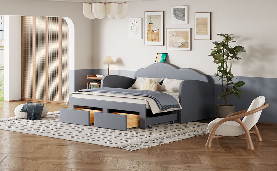 Upholstered Daybed With Cloud-Shaped Backrest, Trundle & 2 Drawers And USB Ports