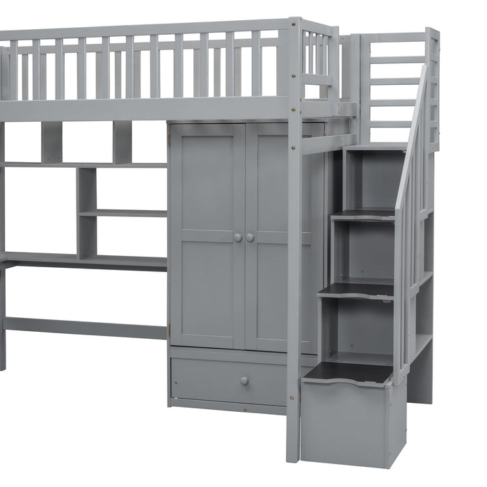 Loft Bed With Bookshelf, Drawers, Desk, And Wardrobe