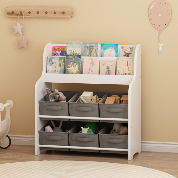 Bookshelf With 6 Storage Bins, Multi Functional Children's Bookcase And Toy Organizer - White