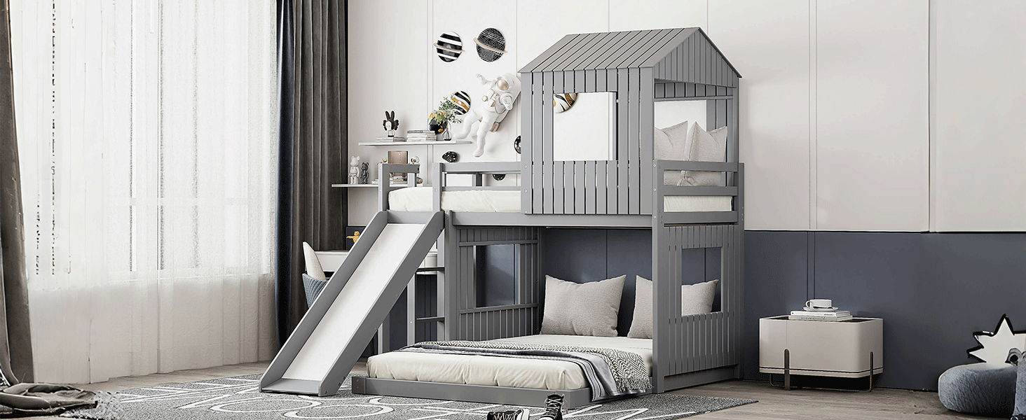 Loft Bunk Bed With Playhouse, Farmhouse, Ladder, Slide And Guardrails