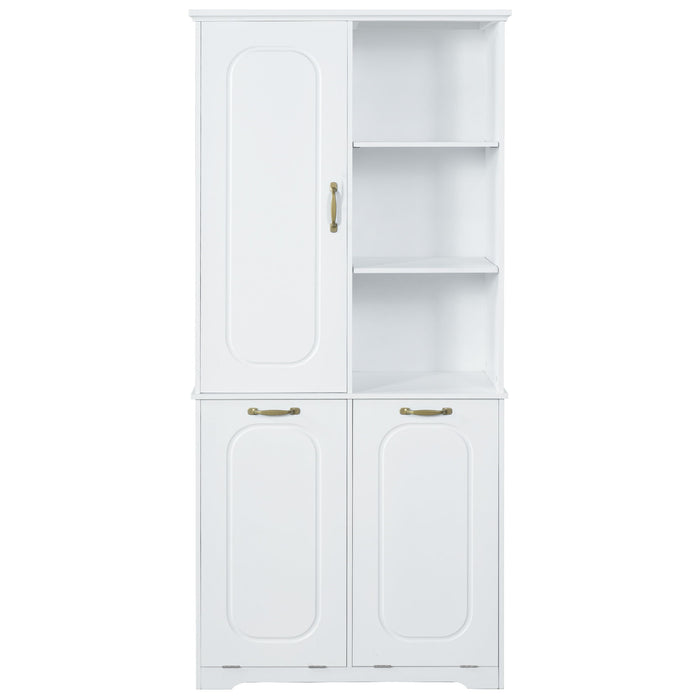 Freestanding Tall Storage Cabinet With 2 Tilt Out Hampers, Adjustable Shelves, Soft Close Door, Door Mounted Organizer - White