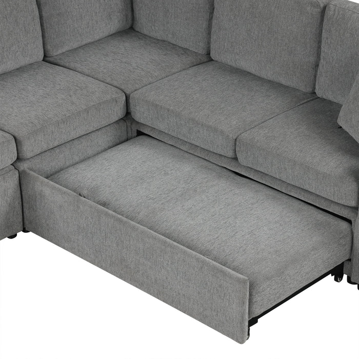 Sectional Sofa Convertible Pull-Out Bed With Storage Ottoman & USB Ports
