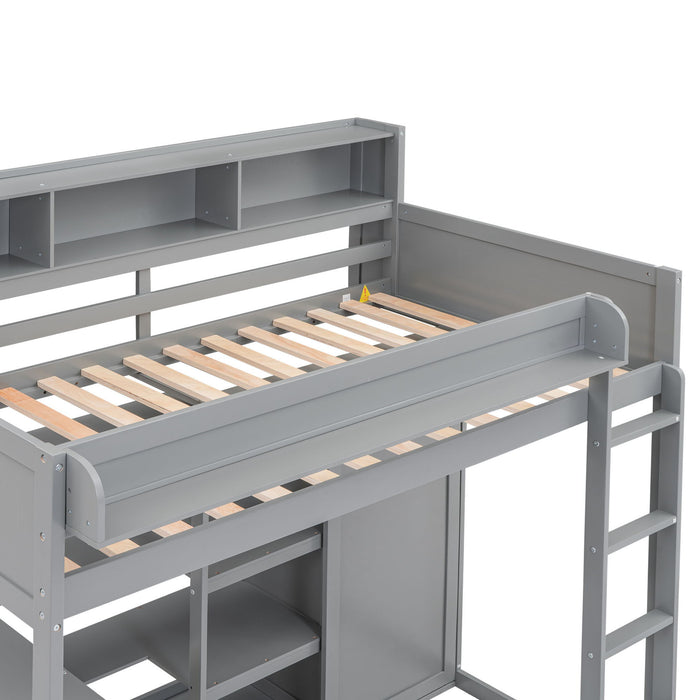 Loft Bed With Built In Desk, Storage Shelves, And Wardrobe