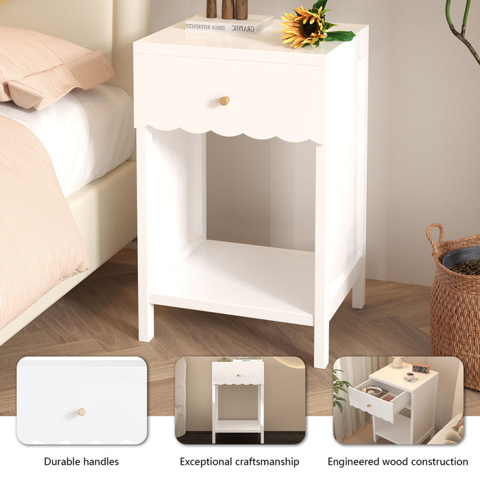 Nightstand With Drawer And Open Shelf, Scalloped Edge Bedside Table For Bedroom - White