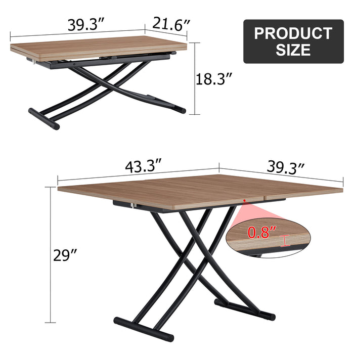 Modern Minimalist Multifunctional Lifting Table, 0.8" Wood Grain Cra Feet Sticker Desktop, Black Metal Legs & 4 Faux Leather Upholstered Dining Chairs With Black Metal Legs
