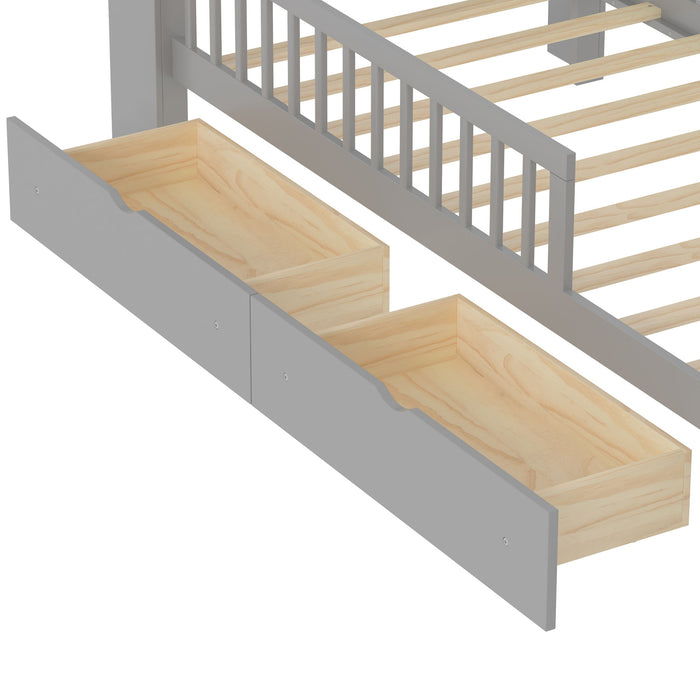 Bed With Headboard Storage Rack, 2 Under Bed Drawers, 3 Side Guardrails For Safety