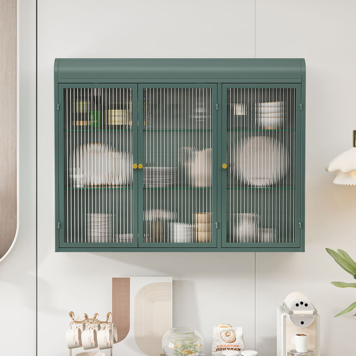 Arched Wall Mounted Cabinet, 3 Door Storage For Kitchen - Dark Green