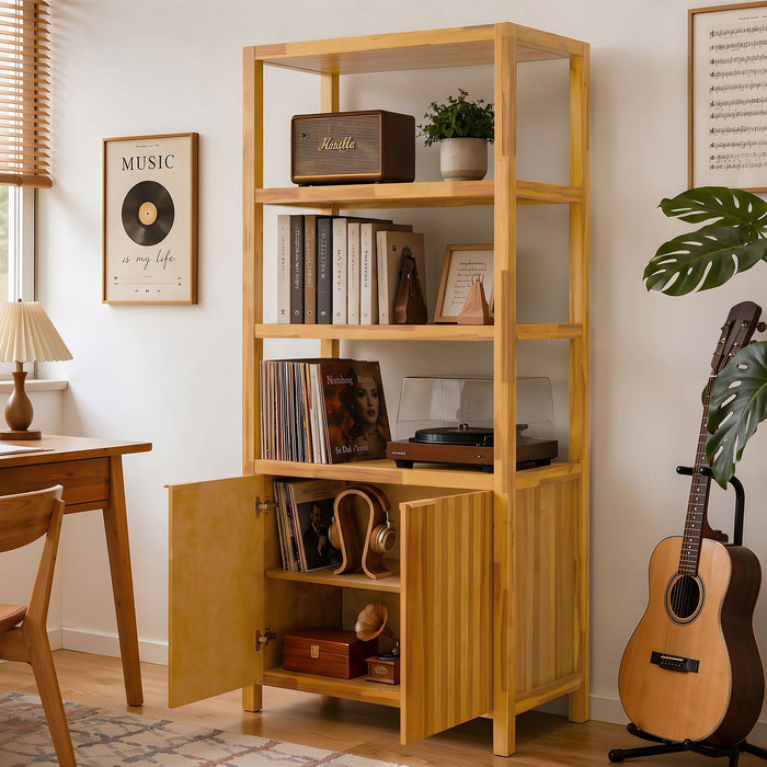 Tall Storage Bookcase Cabinet With 2 Open Shelves & Double Doors, Freestanding Shelving Unit - Natural