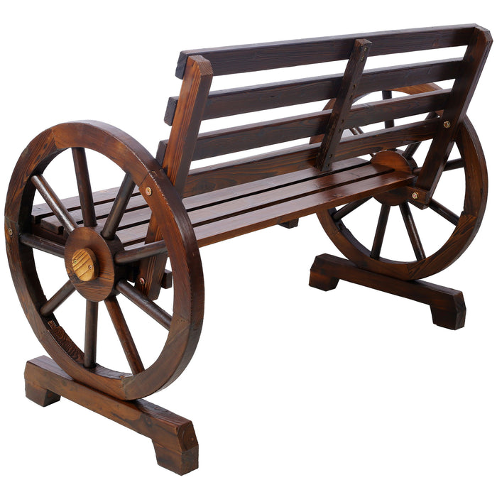 Rustic Country 2 Person Wooden Wagon Wheel Bench With Slatted Seat And Backrest - Brown