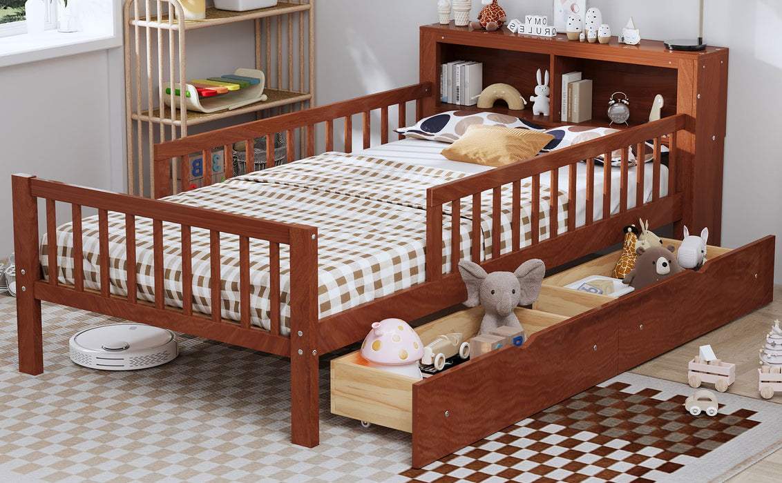 Bed With Headboard Storage Rack, 2 Under Bed Drawers, 3 Side Guardrails For Safety