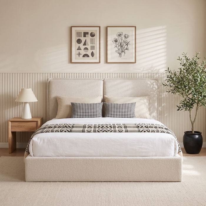 Double Pillow Upholstered Headboard, Skin Friendly Textured Fabric , Queen - Beige